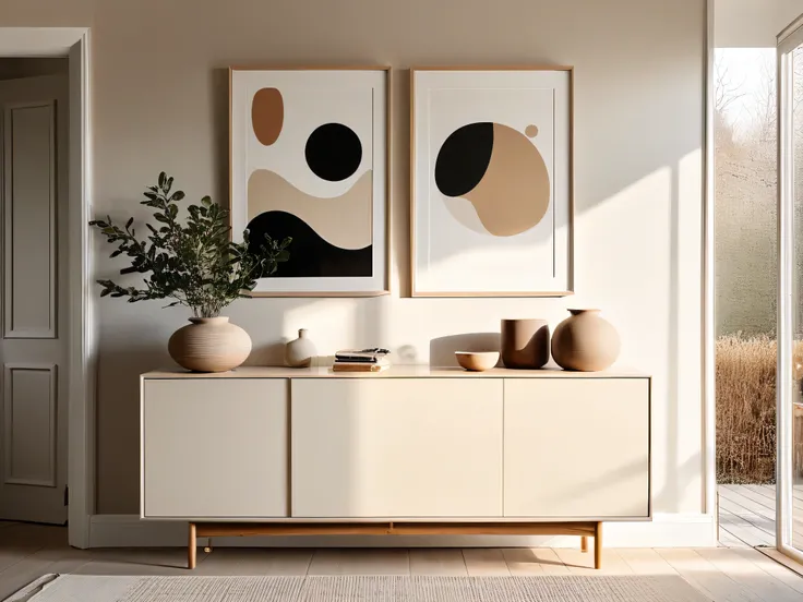 Scandinavian-style interior featuring a neutral-toned cabinet, abstract ceramic decor, and a blank canvas frame, bathed in morning light.