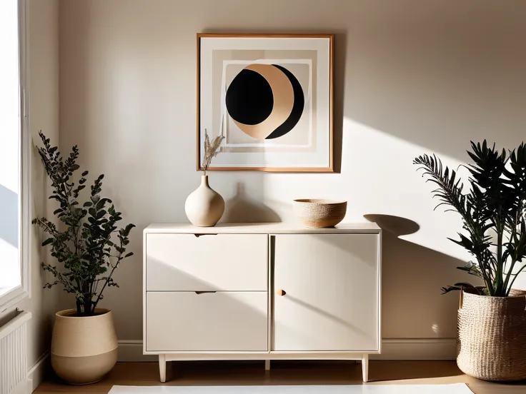 Scandinavian-style interior featuring a neutral-toned cabinet, abstract ceramic decor, and a blank canvas frame, bathed in morning light.