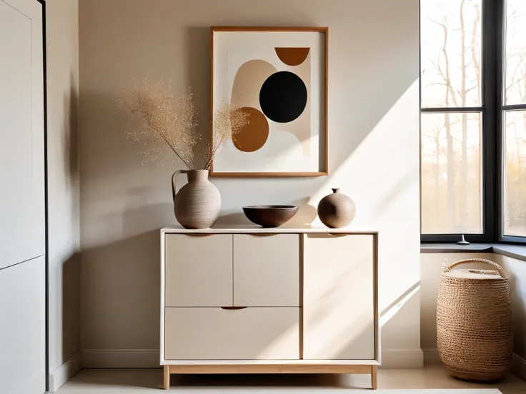 Scandinavian-style interior featuring a neutral-toned cabinet, abstract ceramic decor, and a blank canvas frame, bathed in morning light.