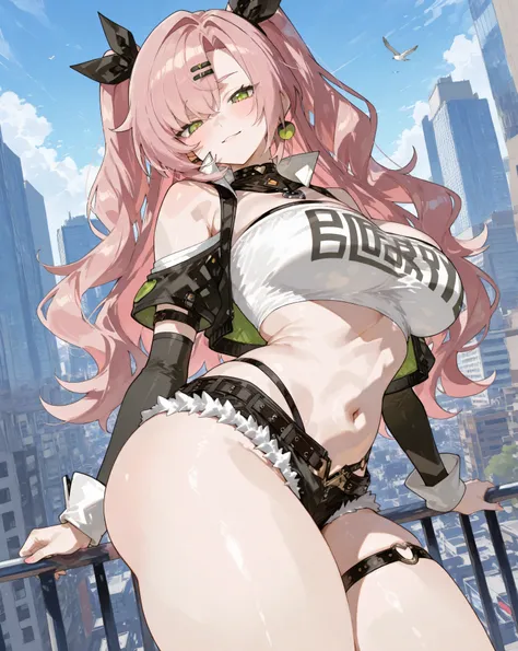 nicole demara,Beautiful Girl、pink hair at the base、 big butt、Big Breasts、 long breasts、 Slim waist、thick thighs、Wide angle、Dynamic Photography、Woman Flying Around the City、Acrobat、Characteristic Composition、 parkour、action scene、