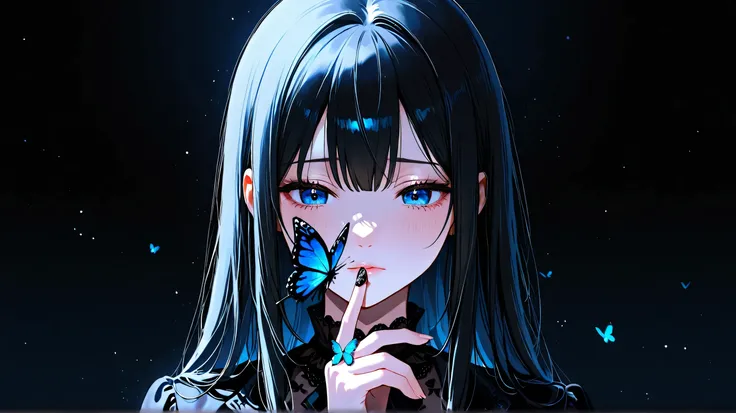 Anime sad girl black hair blue eyes with butterfly on her finger close to her face wearing black outfit in dark background 