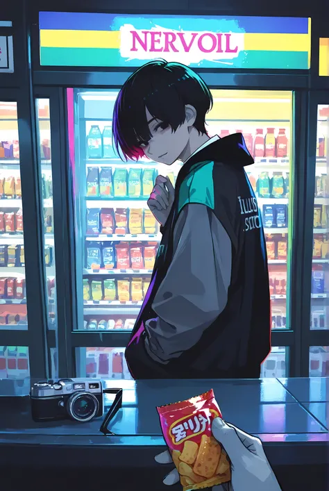 anime-style medium shot, a clumsy grey alien with big black eyes wearing a conbini uniform, nervously operating the register at a brightly lit convenience store, awkwardly handing change to a human customer, background filled with colorful snack shelves, n...