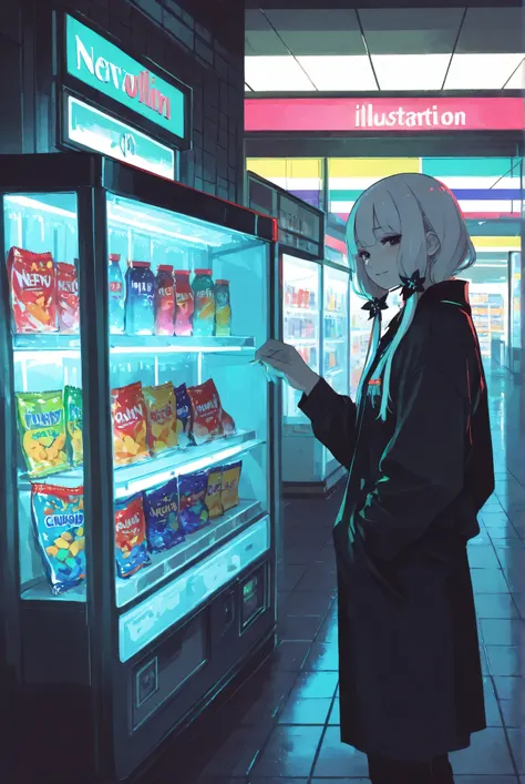 anime-style medium shot, a clumsy grey alien with big black eyes wearing a conbini uniform, nervously operating the register at a brightly lit convenience store, awkwardly handing change to a human customer, background filled with colorful snack shelves, n...