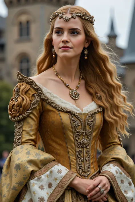 (RAW Photo, Best Quality), (Realistic, Photo Realistic: 1.3), Best Quality, Highly Detailed, Masterpiece, Hyperdetail, Realistic photo shot, realistic photo of a queen , makeup, , blonde hair , (( Boleyn Dress inspired by Middle Ages and Renaissance...