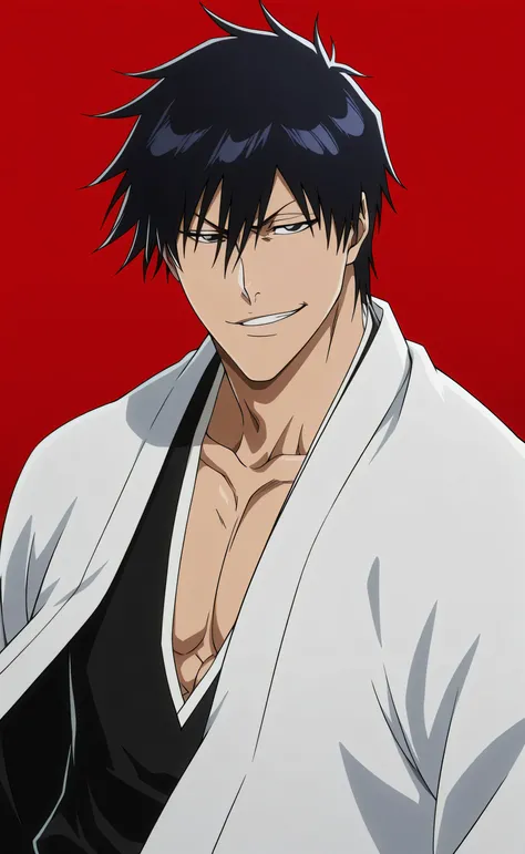 1male,solo,Touji Fushiguro,black hair,short hair,hair between eyes,bang,muscle,black hakama,white haori,smirk,Bleach Anime Style