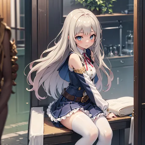 masterpiece, best quality, flugel enchantress girl,sfw sexy, fantasy anime style, She wears a white sleeveless dress, with golden buttons, and accents. The skirt has multiple layers, one frilled, one pleated, and a straight one on top. She wears a capelet,...