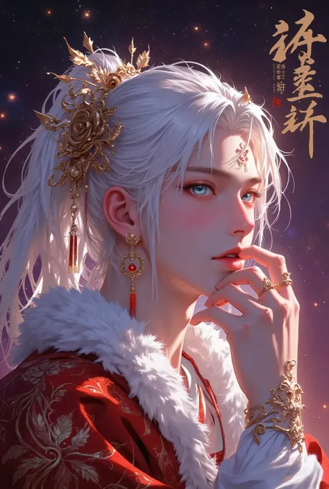 An adult man with long, flowing white hair and light skin, likely East Asian ethnicity. He is positioned slightly off-center to the left of the image, Ornate, and he's wearing a traditional Hanfu, red and gold-trimmed Hanfu, suggesting a historical or fant...