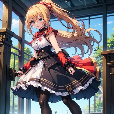 masterpiece, best quality, flugel enchantress girl,sfw sexy, fantasy anime style, She wears a white sleeveless dress, with golden buttons, and accents. The skirt has multiple layers, one frilled, one pleated, and a straight one on top. She wears a capelet,...
