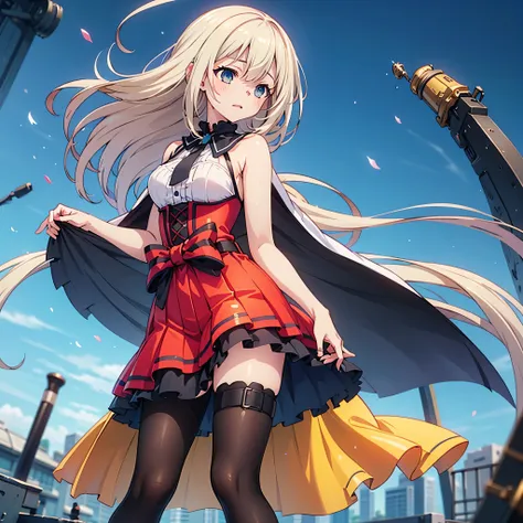 masterpiece, best quality, flugel enchantress girl,sfw sexy, fantasy anime style, She wears a white sleeveless dress, with golden buttons, and accents. The skirt has multiple layers, one frilled, one pleated, and a straight one on top. She wears a capelet,...