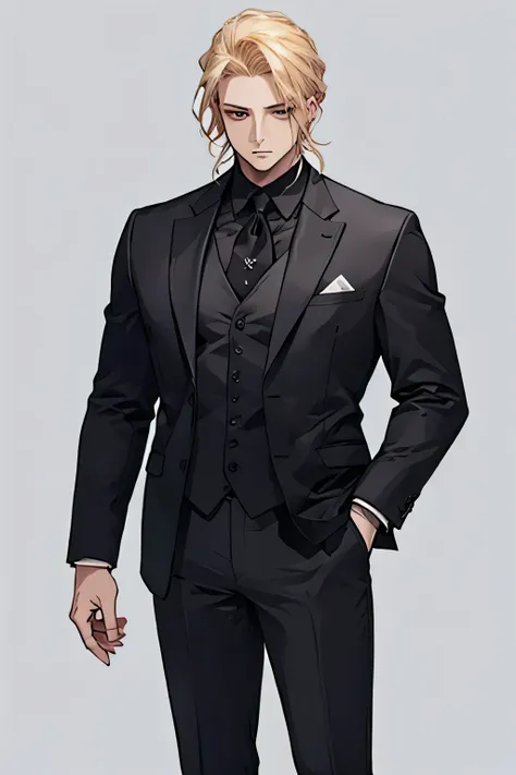 One man in the mafia, black suit, Blonde, thin macho, Standing picture, no background