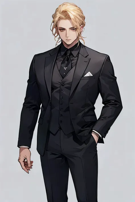 One man in the mafia, black suit, Blonde, thin macho, Standing picture, no background