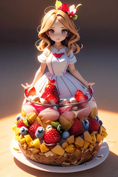 (Sweets transformation),(((A woman who personifies a fruit parfait:1.3))),fresh cream,strawberry,peach,orange,blueberries,professional lighting, Real Shadow,Extremely Delicate and Beautiful Hair,detailed clothing features,professional lighting, Real Shadow...
