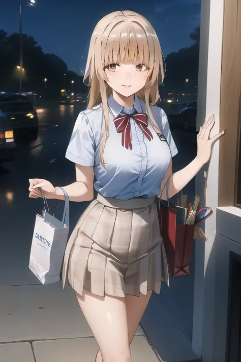 A woman with a lovely smile，depicts her expression even more delicately，I don't have a weapon,，Late-night convenience store clerk、using cinematic lighting and ray tracing 、Convenience store clerk costume，Pleated Miniskirt，A woman with a lovely smile，cinema...