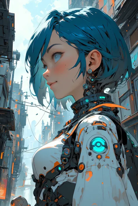  [sci-fi],4k,8k, very beautiful young girl,the background a destroyed city, (Very beautiful profile)or(Very beautiful Face seen from an angle)short bob hairstyle, Blue hair,One girl, sad face(bust shot)(White and turquoise and orange accent futuristic mech...