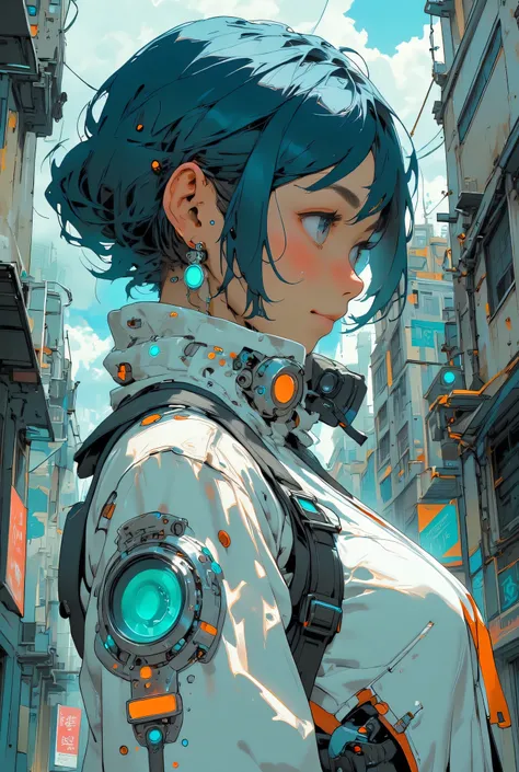  [sci-fi],4k,8k, very beautiful young girl,the background a destroyed city, (Very beautiful profile)or(Very beautiful Face seen from an angle)short bob hairstyle, Blue hair,One girl, sad face(bust shot)(White and turquoise and orange accent futuristic mech...