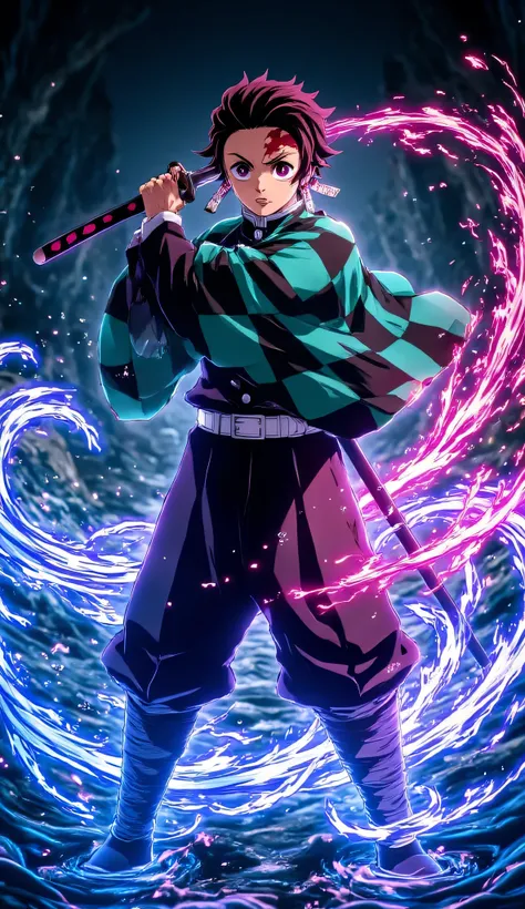 "Demon Slayer Tanjiro standing heroically, katana drawn with water breathing technique swirling around him, multicolored neon energy aura, vibrant blue, cyan, and pink electric sparks surrounding his body, glowing scar on forehead, determined expression, t...