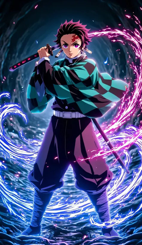 "Demon Slayer Tanjiro standing heroically, katana drawn with water breathing technique swirling around him, multicolored neon energy aura, vibrant blue, cyan, and pink electric sparks surrounding his body, glowing scar on forehead, determined expression, t...
