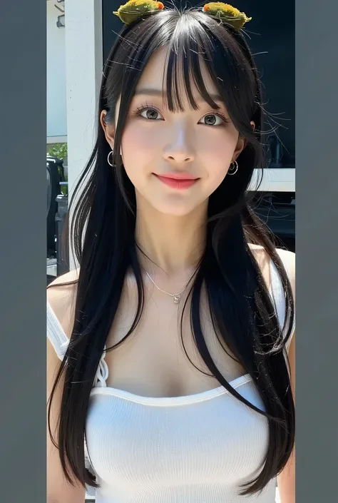{{}},{High precision in selection},{{{{chestの上の顔の写真}}}},{{one high school girl :Smile Yan:chest:Nipples}}、{Smile:big double eyelids:mascara: teardrop bags:long lashes:1.8}}、{{透けて見える白いタンクトップ-Nipples:1.8}},{straight hair::Princess Cut:ponytail:1.8}