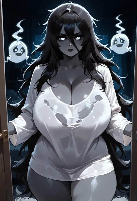 Perfect Face, Perfect Body, (Ghost Girl), (Colored Skin, Grey Skin), Black Hair, Very Long Messy Hair, Black Thin Eyebrows, White Eyes, Lips Without Makeup, Collarbone, Cleavage, (Huge Breasts, Perfect Breasts), (Torn Oversized Shirt, White Oversized Shirt...