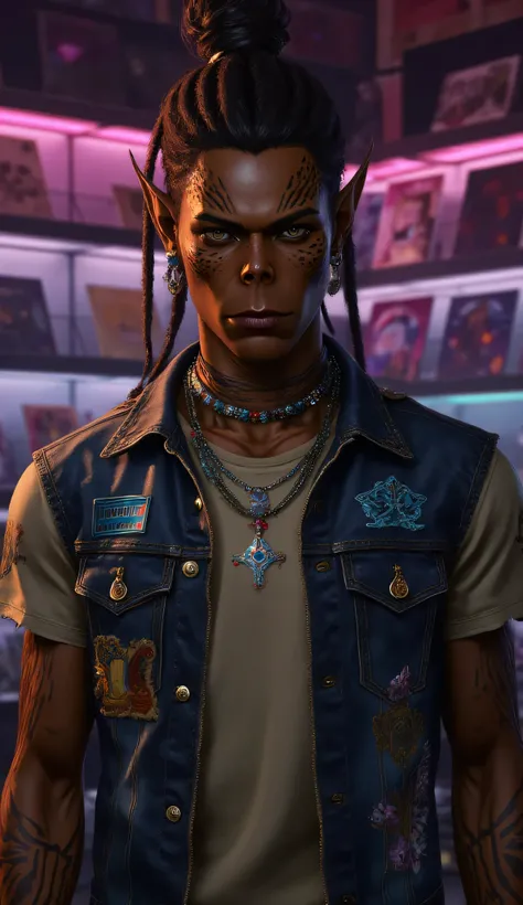 Gith, pointed ears, spots on skin, flat nose, 1male, dark brown skin, black hair, black eyes, African facial features, record store owner, neon-lit afro-futuristic music shop, gaunt facial features, dark brown-green skin, long pointed ears, glowing eyes, h...