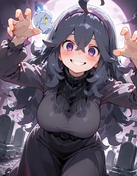 (sideview)+,((with Litwick(pokemon))),(dynamic angle,acrobatic contrapposto Scratching+ pose),solo,(close up face)+,leaning forward,portrait,upperbody,hex maniac (pokemon), long hair, ahoge, purple hairband, purple eyes, large breasts, long dress, crazy, b...