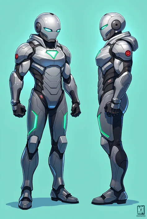 A 2D character reference sheet featuring a futuristic superhero wearing a full silver classic model 3 Ironman-style armor with square arc reactor on chest. The character has a large, shiny silver round spherical helmet with glowing green digital facial fea...