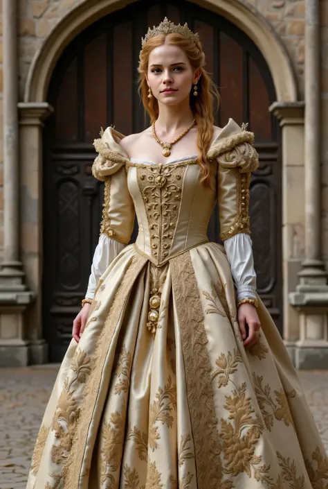 (RAW Photo, Best Quality), (Realistic, Photo Realistic: 1.3), Best Quality, Highly Detailed, Masterpiece, Hyperdetail, Realistic photo shot, realistic photo of a princess , makeup, , blonde hair , (( Boleyn Dress inspired by Middle Ages and Renaissa...