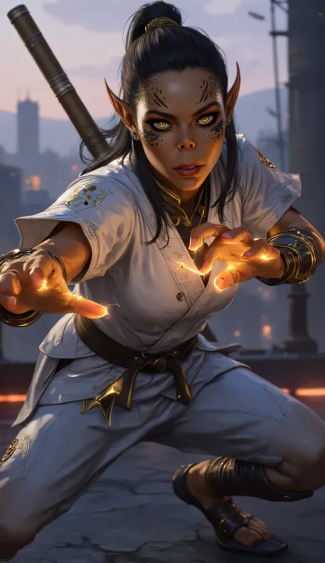 Gith, pointed ears, spots on skin, flat nose, 1female, dark brown skin, black hair, black eyes, African facial features, martial artist, dynamic karate pose, cyberpunk neon-lit rooftop dojo, rich brown skin, subtle green-gold shimmer, sharp features, glowi...