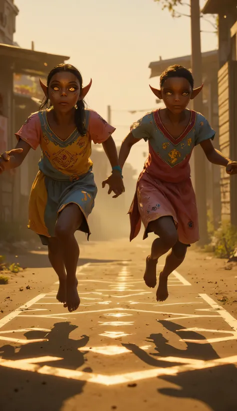 Gith, pointed ears, spots on skin, flat nose, 1kid, dark brown skin, black hair, black eyes, African facial features, playing hopscotch, sunlit street, futuristic township, smooth brown skin, subtle green-gold undertones, glowing amber eyes, soft facial fe...
