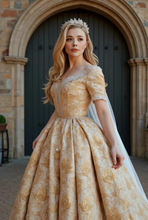 (RAW Photo, Best Quality), (Realistic, Photo Realistic: 1.3), Best Quality, Highly Detailed, Masterpiece, Hyperdetail, Realistic photo shot, realistic photo of a princess , makeup, , blonde hair , (( Boleyn Dress inspired by Middle Ages and Renaissa...