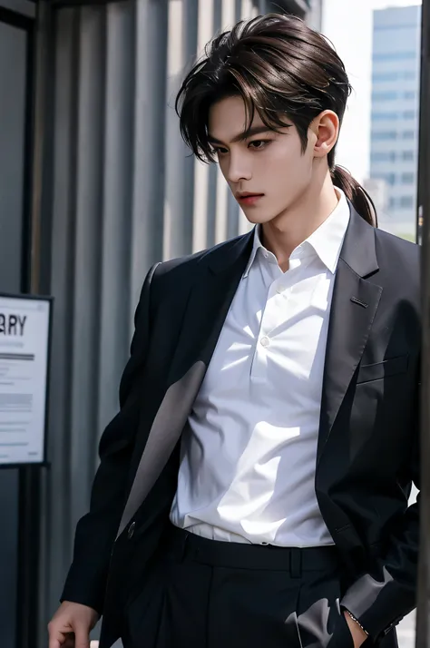 young prince, city landscape, lumetric lighting, 8k resolution, photorealistic, ultra-high quality, opulent detailed background, medium length dark brown hair, messy ponytail, wearing a polo shirt with a sports jacket, wearing long pants, ((Medium Wide Sho...