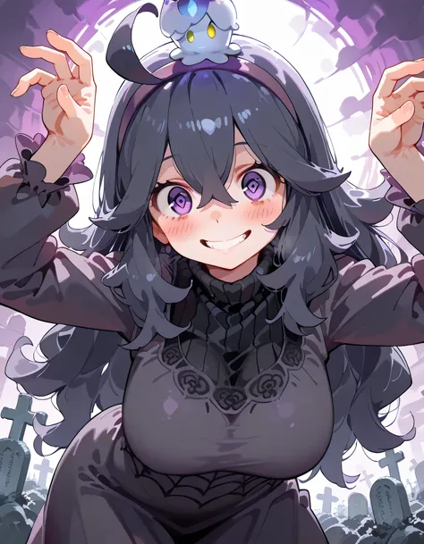 (sideview)+,((with Litwick(pokemon))),(dynamic angle,acrobatic contrapposto Scratching+ pose),solo,(close up face)+,leaning forward,portrait,upperbody,hex maniac (pokemon), long hair, ahoge, purple hairband, (purple swirl eyes), large breasts, long dress, ...
