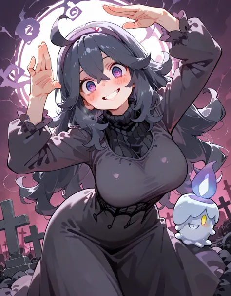 (sideview)+,profile,((with Litwick(pokemon))),(dynamic angle,acrobatic contrapposto Scratching+ pose),solo,(close up face)+,leaning forward,(portrait),hex maniac (pokemon), long hair, ahoge, purple hairband, (purple swirl++ eyes)+, large breasts, long dres...