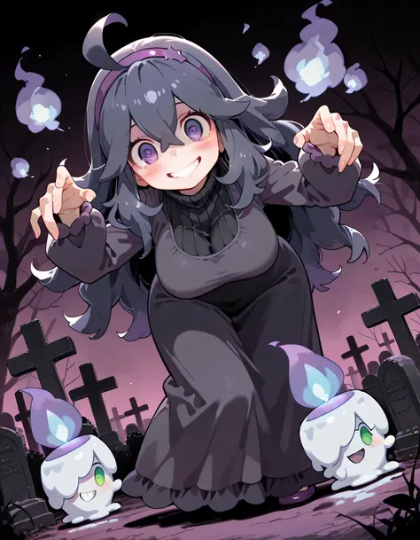(chibi,fullbody),((with Litwick(pokemon))),(dynamic angle,acrobatic contrapposto Scratching+ pose),solo,(close up face)+,leaning forward,portrait,upperbody,hex maniac (pokemon), long hair, ahoge, purple hairband, (purple swirl eyes)+, large breasts, long d...