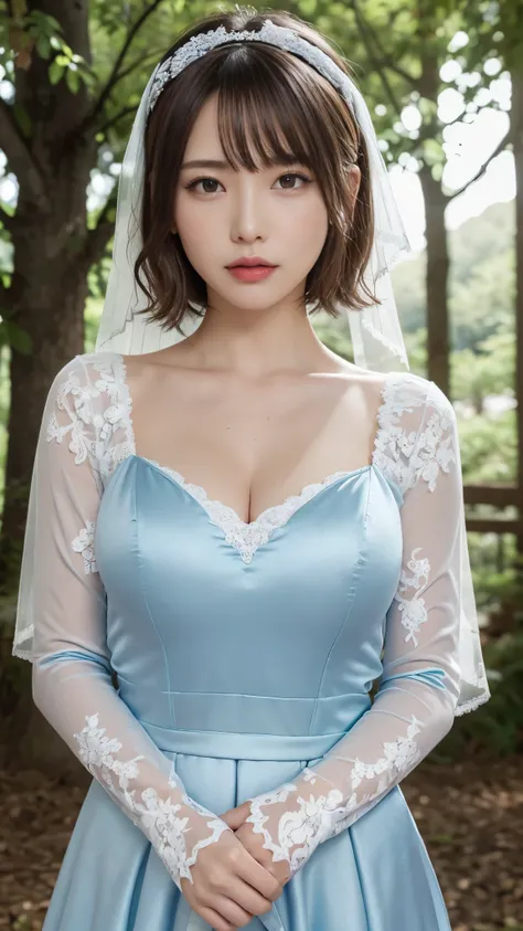 (Portrait),((pictures of women in long sleeve wedding dresses made of shiny light blue satin)),(masterpiece, best quality , ultra-high precision),very detailed CG,Beautiful hair ornaments,( short haired bob style bang ),(light blue wedding veil),(Eye makeu...