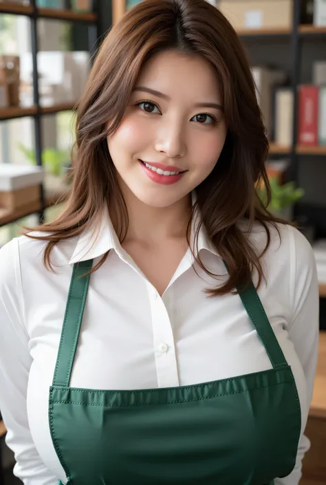 (detail face:1:4), RAW, Best quality, high resolution, (masterpiece: 1.3), Masterpiece, (k-cup breast, Huge breasts, gigantic breasts), beautiful face, smile, detail makeup face, smile, red lips, hikarunagi, shoulder length hair, half body potrait, upper b...