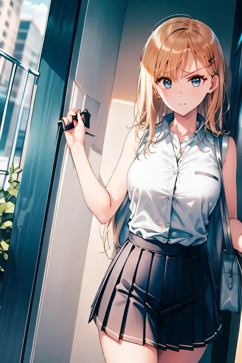 Blonde is long，dark blue pleated skirt,can you draw a more delicate expression，Walking Alone，     city tour     ,，（（（She's dressed casually touristy）））， No choice   ,（Let's draw a more delicate look），（sleeveless wool sweater），（ Pleated Legs，white panties n...