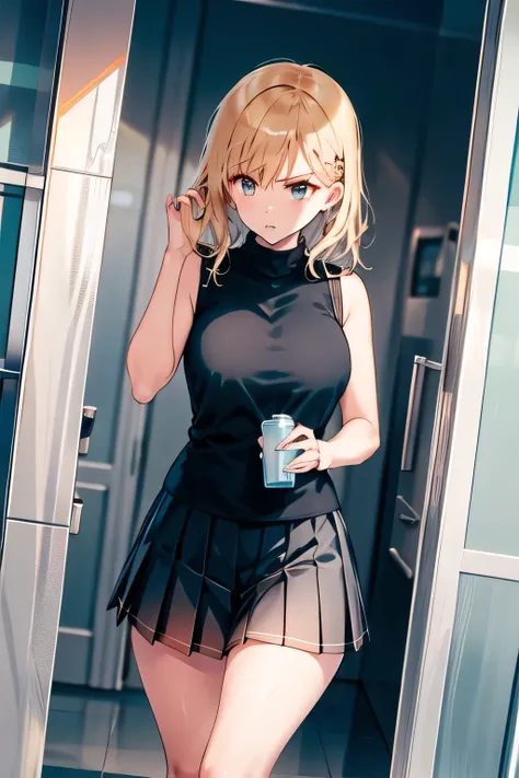 Blonde is long，dark blue pleated skirt,can you draw a more delicate expression，Walking Alone，     city tour     ,，（（（She's dressed casually touristy）））， No choice   ,（Let's draw a more delicate look），（sleeveless wool sweater），（ Pleated Legs，white panties n...