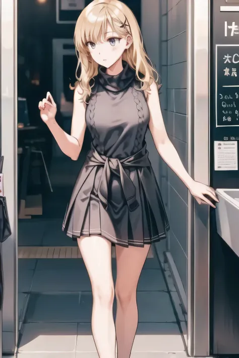 Please Become Blonde。dark blue pleated skirt,Please draw her expression more delicately,Walking Alone, city tour ,,(((she is dressed as a casual tourist))), ,(Let's draw a more delicate look),(sleeveless wool sweater),( Pleated Legs,white panties ...