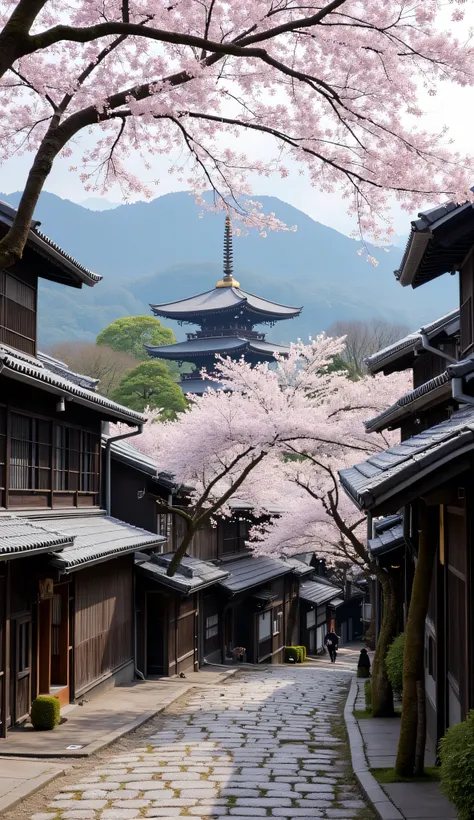 An idyllic scene of Japan's ancient capital, with traditional wooden machiya houses lining a quiet cobblestone street. Cherry blossoms are in full bloom, their petals drifting gently through the air. In the distance, a pagoda rises gracefully against the b...