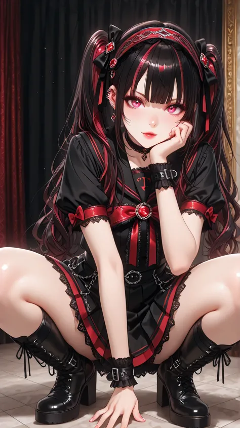 masterpiece, best quality, vivid anime illustration, sharp line-art, cel shading,
full-body portrait of a dark-idol girl squatting on a glossy black stage floor, framed by rich crimson velvet curtains, dramatic club lighting,intense specular highlights, me...