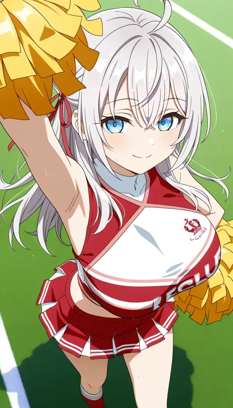 alone, 1 girl, alisa mikhailovna kujou, long hair, white hair, blue eyes, Red Ribbon, Big Breasts, wearing a red cheerleader costume, Cheerleading dance, smile, background, football field, high-angle image, The set of the Liverpool club
