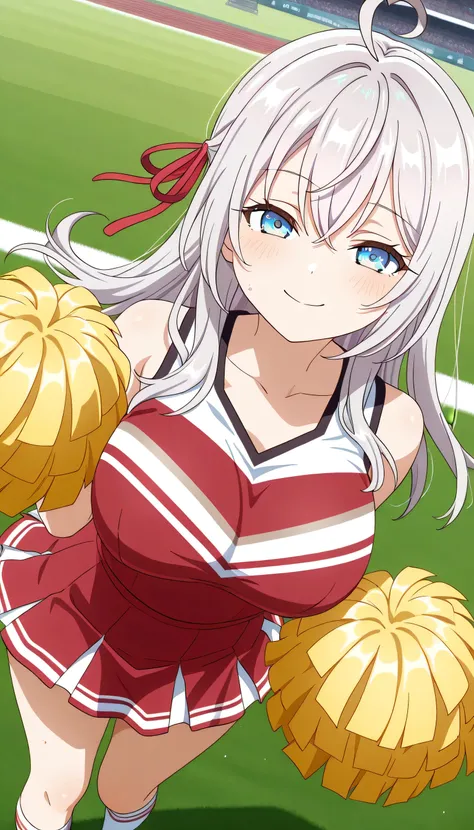 alone, 1 girl, alisa mikhailovna kujou, long hair, white hair, blue eyes, Red Ribbon, Big Breasts, WEAR A BLACK CHEERLEADER DRESS, Cheerleading dance, smile, background, football field, high-angle image