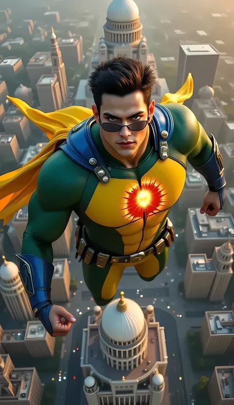 “A powerful Indian superhero named Parmanu soaring above New Delhi at dusk in stunning 8K resolution. He wears a sleek yellow-and-green atomic-suit—featuring a glowing red atomic core emblem on his chest, blue straps over broad shoulders, wrist gauntlets, ...