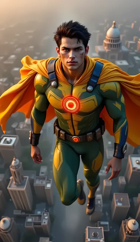 “A powerful Indian superhero named Parmanu soaring above New Delhi at dusk in stunning 8K resolution. He wears a sleek yellow-and-green atomic-suit—featuring a glowing red atomic core emblem on his chest, blue straps over broad shoulders, wrist gauntlets, ...