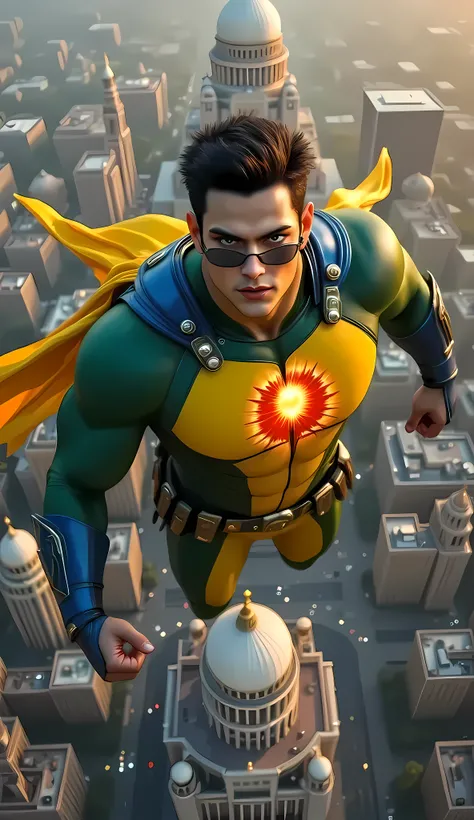“A powerful Indian superhero named Parmanu soaring above New Delhi at dusk in stunning 8K resolution. He wears a sleek yellow-and-green atomic-suit—featuring a glowing red atomic core emblem on his chest, blue straps over broad shoulders, wrist gauntlets, ...