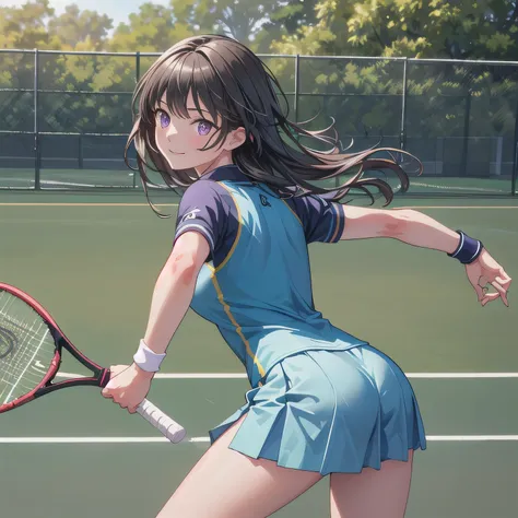 A young female tennis player in a sleek blue outfit stands ready, gripping her racket with both hands in a poised stance. Sunlight accentuates the crisp lines of her attire and the polished strings of the racket. Her determined gaze locks onto an unseen op...