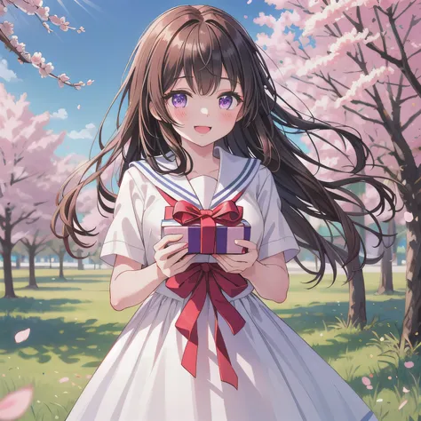 A breathtakingly beautiful 20-year-old woman stands in a lush park filled with cherry blossoms in full bloom beneath a clear blue sky. She wears a classic sailor uniform and gently holds a small, neatly wrapped gift box adorned with a red ribbon. Her radia...