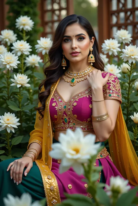 A beautiful Indian woman seated gracefully in an outdoor floral setting, wearing a traditional lehenga-choli ensemble with a richly embroidered magenta blouse, deep green skirt, and mustard-yellow dupatta draped across her shoulder. Her look is enhanced wi...