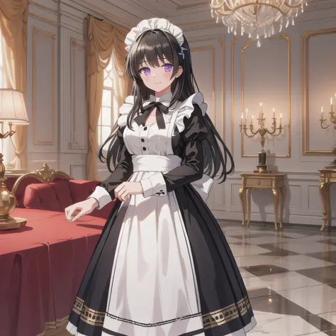 A breathtakingly beautiful 20-year-old woman stands in an opulent mansion room, dressed in a classic black-and-white maid outfit with a short hem and a white brim cap. Her confident smile radiates warmth. The room features elegant furnishings and decor bef...